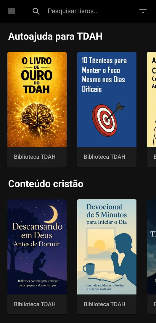 Preview do app Biblioteca TDAH